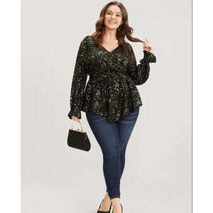 Bloomchic Black & Gold Star Lantern Sleeve Asymmetrical Ruffles Blouse 10 NWT